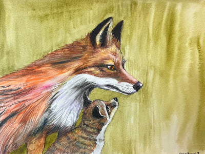 Twin glance: Fox with cub in a sunlit meadow by Catherine O’Donnell