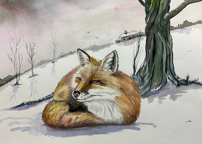 Original Watercolour Painting: Fox in Winter Rest (30x42 cm)