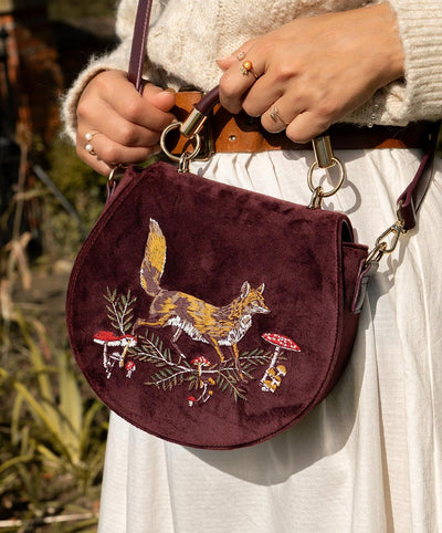 Fox & Mushroom Embroidered Velvet Saddle Purse by Fable England