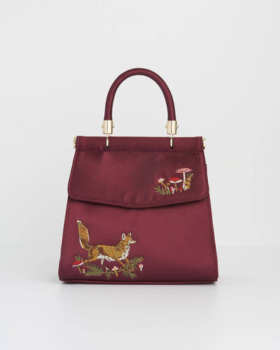 Fox & Mushroom Embroidered Burgundy Satin Tote